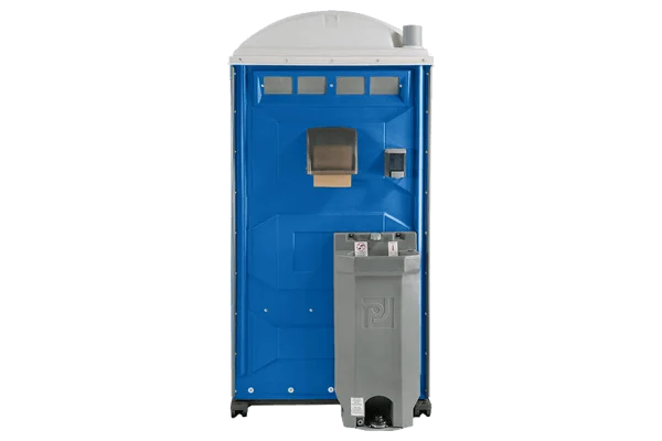 Interior of a deluxe portable toilet with a handwashing sink