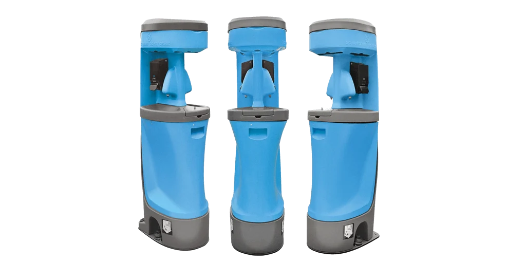 Blue portable handwashing stations with gray basins and foot-operated pumps
