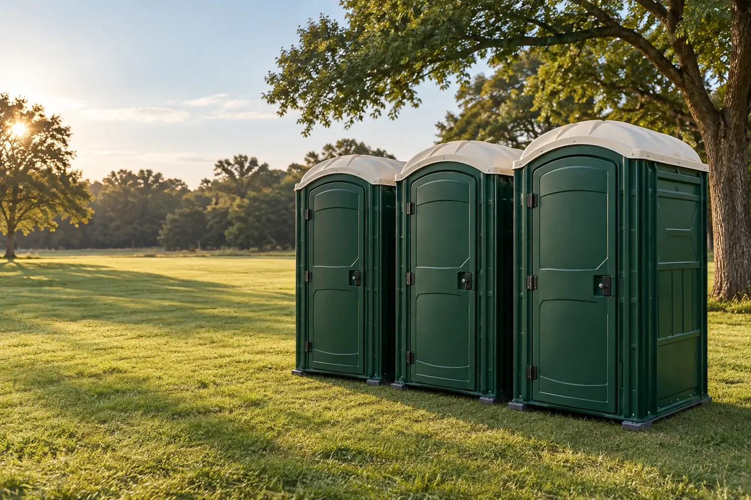 Three green portable toilets in a sunny outdoor setting; illustrative rental scene