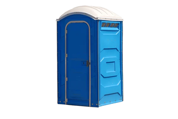 A blue standard portable toilet